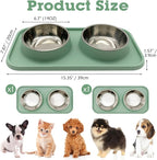 BNOSDM 2 Pcs Double Dog Food Bowls, Stainless Steel Small Dog Food and Water Bowls with Non-Spill Plastic Mat, Pet Cat Feeder Dish Set for Puppy Cats Kitten, Green