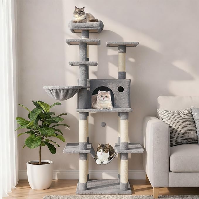 Tangkula Tall Cat Tree, 63 Inch Large Cat Tower with Sisal Scratching Posts, Plush Top Perch, Condo, Hammock, Basket Bed, Dangling Balls & Jumping Platforms for Indoor Cats Large Adult (Light Grey)