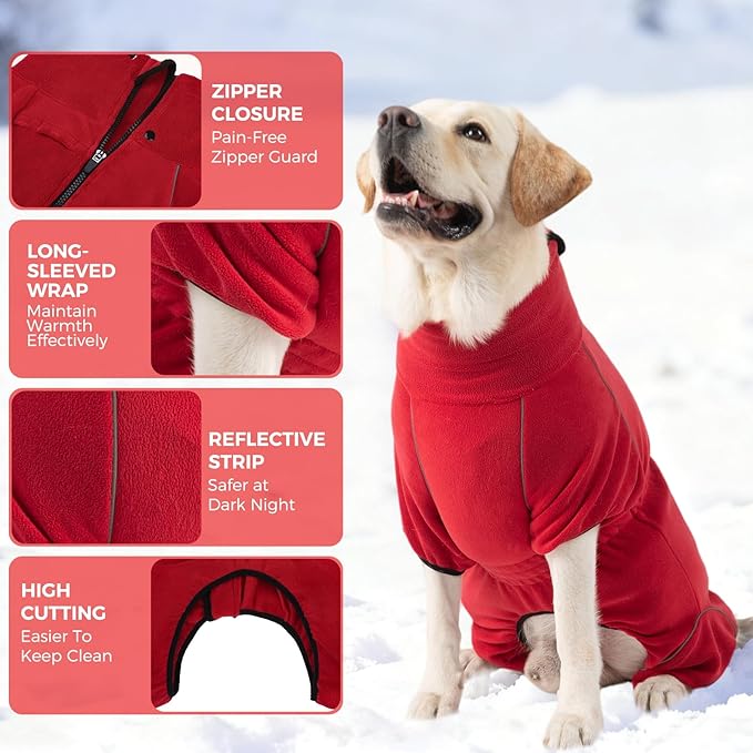 Mihachi Dog Snow Suit Dog Coat Soft Fleece Pullover Pajamas, Pet Windproof Warm Cold Weather Jacket with Zipper, Reflective Jumpsuit Apparel Outfit Clothes for Large Dog, Red L