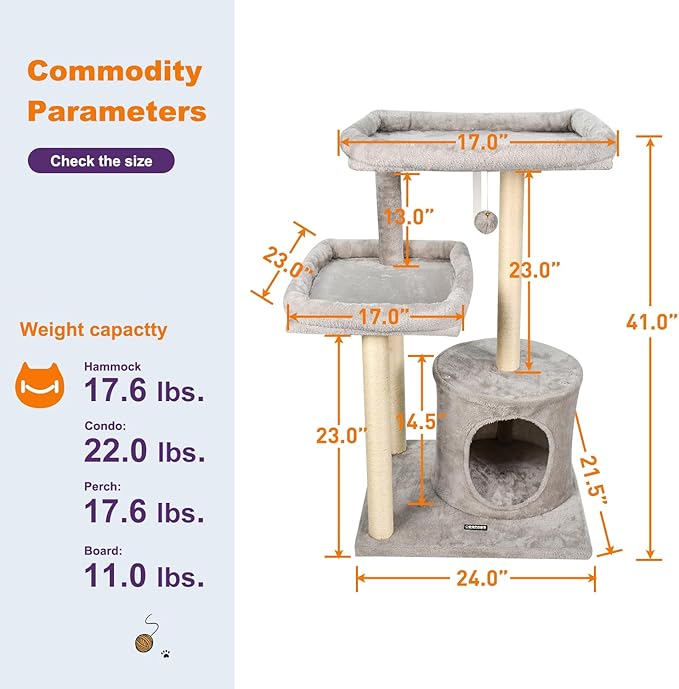 42-in Heavy-Duty Cat Tree for Large Cats, Multi-Level Tower with Sisal Scratching Posts, Plush Perch, Hammock & Condo Anti-Tip Design