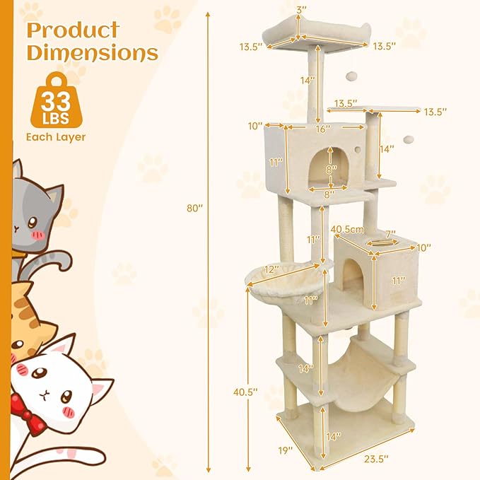 Tangkula 80 Inch Tall Cat Tree, Multi-Level Cat Tower with Sisal Scratching Posts, 2 Condos, Plush Perch, Hammock, Basket, Dangling Toys, Cat Climbing Furniture for Indoor Cats (Beige)