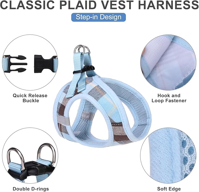 EXPAWLORER Classic Plaid Puppy Harness - Small Dog Collar and Leash with AirTag Holder Case - Soft Mesh Padded Adjustable Dog Vest Harness No Pull, Reflective Escape Proof for Outdoor, Blue XS