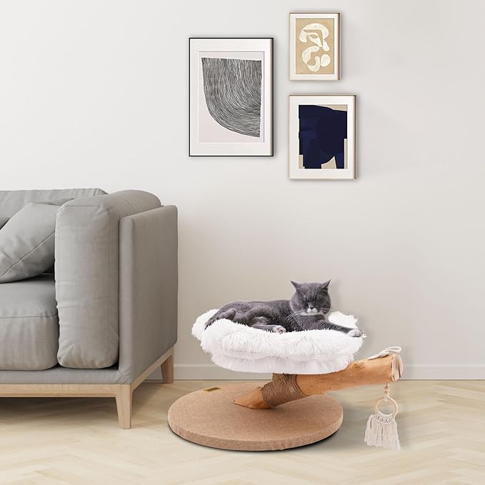 Wood Cat Tree, Flower Soft Cushion Cat Bed, Cat Tower with Rope Pendant,Cat Climbing Furniture for Cat, Load Capacity 11.02lbs