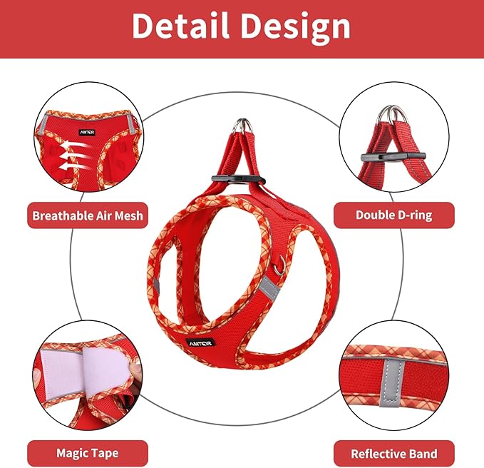 AMTOR Small Dog Harness with Leash Set, No Escape Easy Walk Puppy Harnesses for Training Walking, Step-in Reflective Soft Dogs Vest for XS S Medium Extra-Small Large Sized Dog(Red,XS)