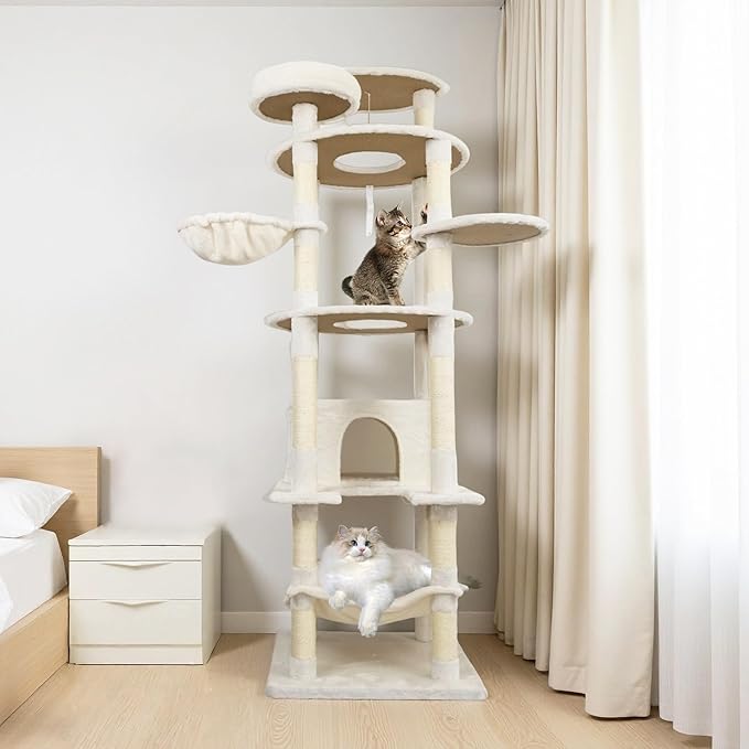 Beige 78in Heavy Duty Cat Tree, Cat Tree Tower for Indoor Cats Large Adult, Extra Cat Tower with 12 Sisal Scratching Post, Large Top Platform, Hammock, Cat Condo for Kittens