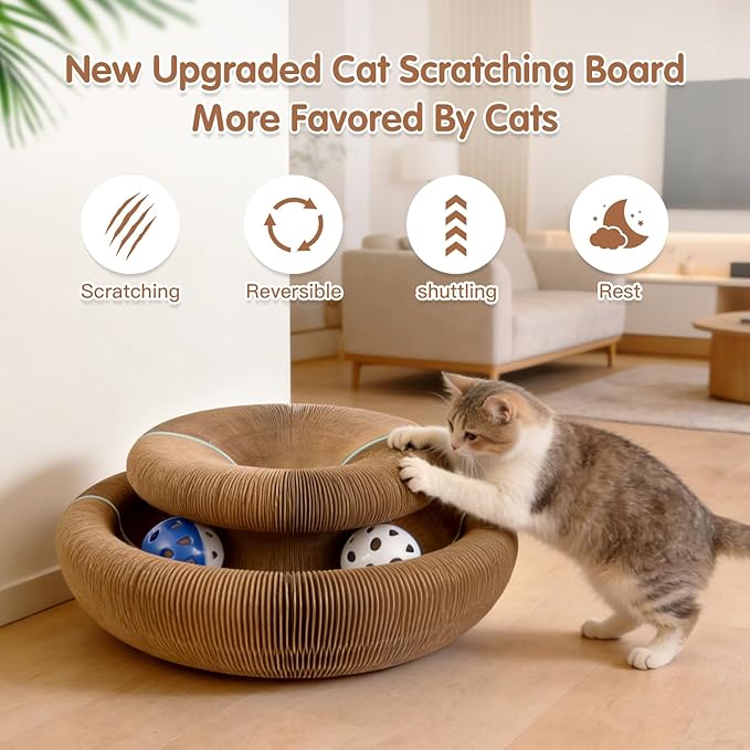2Pack Extensible Extensible Cat Scratcher Cardboard Toy | Magic Accordion Scratching Pad with Bell Ball - Foldable & Reversible Interactive Kitty Play for Indoor Cats