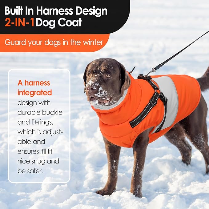 AOFITEE Dog Coat Warm Dog Winter Coat, Waterproof Dogs Jacket with Harness, Dogs Snow Jacket Snowsuit with Zipper & Furry Collar, Reflective Windproof Pet Sweater for Cold Weather, French Bulldog, L