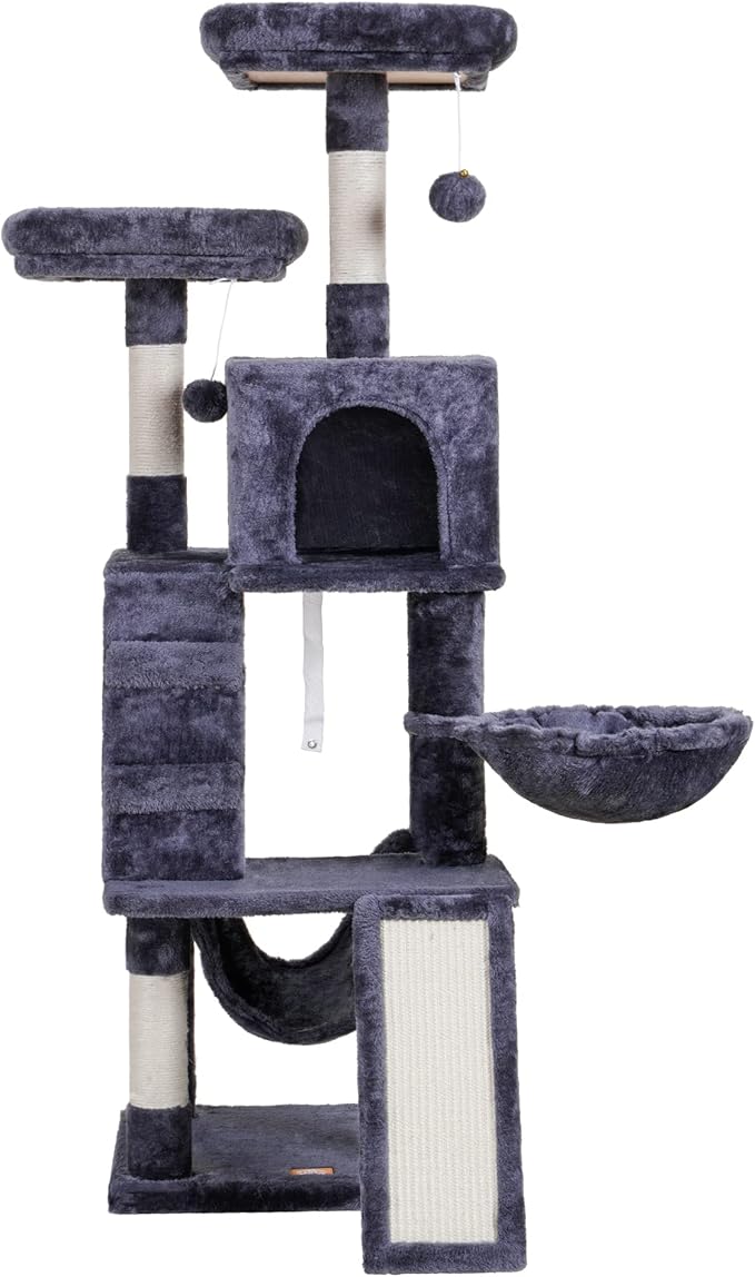 Heybly Cat Tree, Cat Tower for Indoor Cats, Multi-Level Cat Furniture Condo for Cats with Padded Plush Perch, Cozy Basket and Scratching Board, Smoky Gray HCT014G
