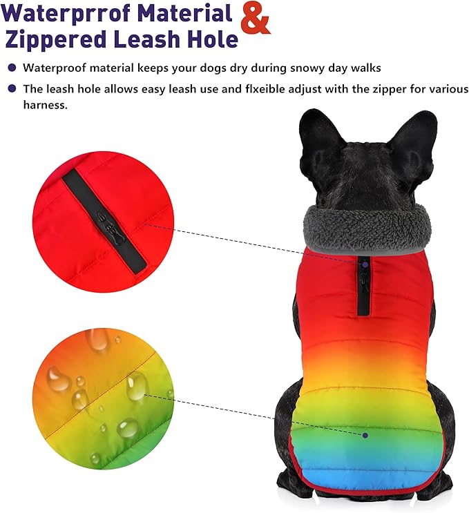 Dog Winter Coat, Waterproof Dog Jacket with Leash Hole, Reflective Adjustable Pet Snow Vest, Warm Fleece Sweater for Small Medium Large Dogs - Rainbow, L