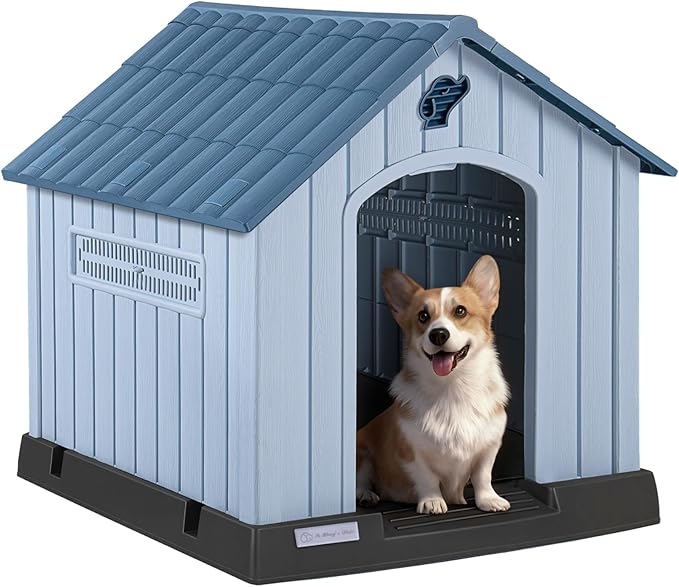 PUKAMI Large Dog House Outdoor Indoor, Plastic Dog House Weatherproof for Large Dogs, Sturdy Puppy Shelter with Air Vents and Elevated Floor, Easy Clean and Assemble (Blue, 31.5"D x 33.5"W x 33.9"H)
