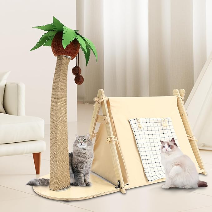 Cat Tree with Tent, 2-in-1 Cat Bed & Scratching Post, 29.5in Jute Coconut Tree with Hanging Toys, Large Cat Cave Bed 21.6x16.9in, Double-Sided Pad, Roll-up Curtain