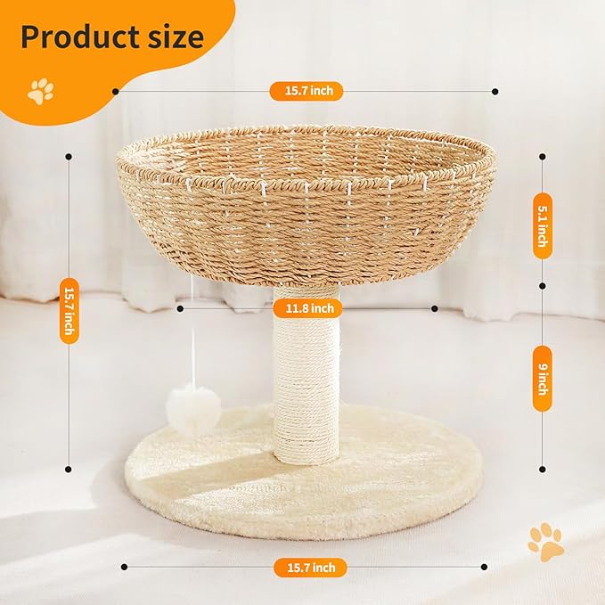 Cat Tree Tower,Handwoven Large Nest,Woven Rattan Cat Condo, Cat Bed,Suitable for Cats Weighing Up to 20 Pounds