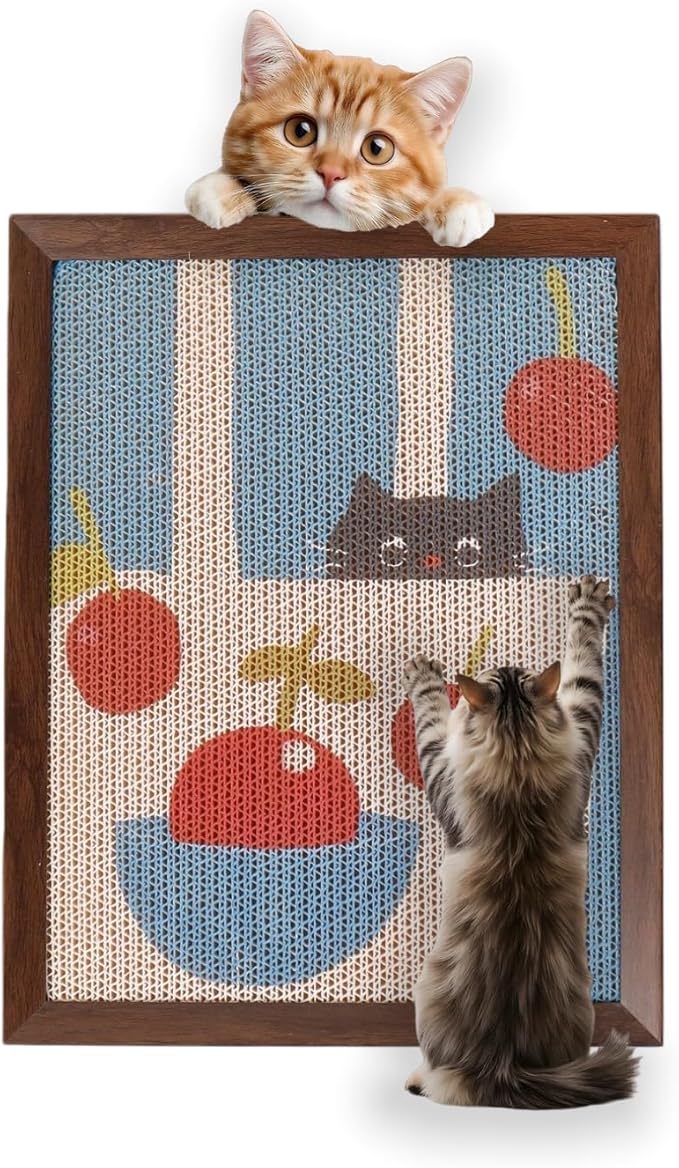 Decorative Wall Art Cat Scratcher, BC Grade Cardboard Framed 13"x17" Dust-Free Vertical Scratching Post, No-Drill Wall Mount (Renter-Friendly), Durable Cat Toy & Home Decor (Cherry) (Cherry)