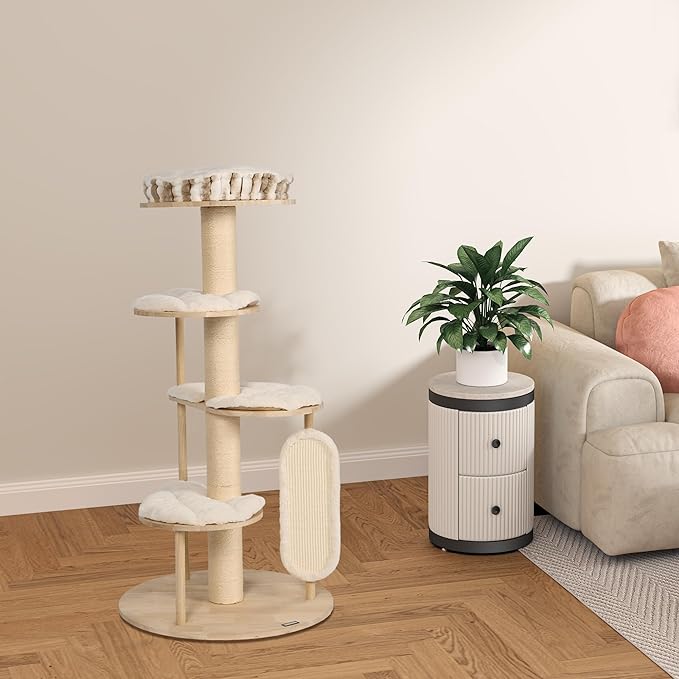 KAMABOKO Tall Modern Cat Tree, 53'' Cat Tower, Cat Tree for Indoor Cats Large Adult, Multi-Level Cat Scratching Post with 3 Imitation Rabbit Plush Padded Perches, Comfortable Pedal