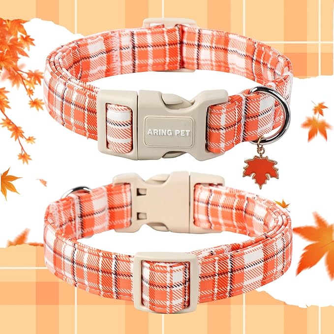 ARING PET Fall Dog Collars, Cute Orange White Plaid Halloween Autumn Pumpkin Maple Leaves Pet Collar with Quick Release Buckle for Small Medium Large Girl Boy Dogs-L