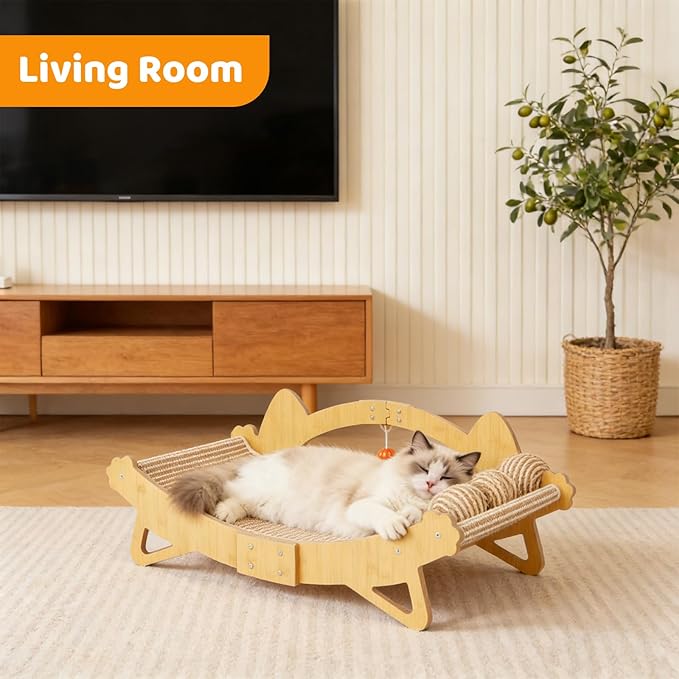 Cat Scratcher Bed, 3-in-1 Cat Scratching Pad with Hammock & Ball, Natural Sisal with Solid Wood Frame Cat Scratch Post for Indoor Cats Lounger & Sleep & Scratch