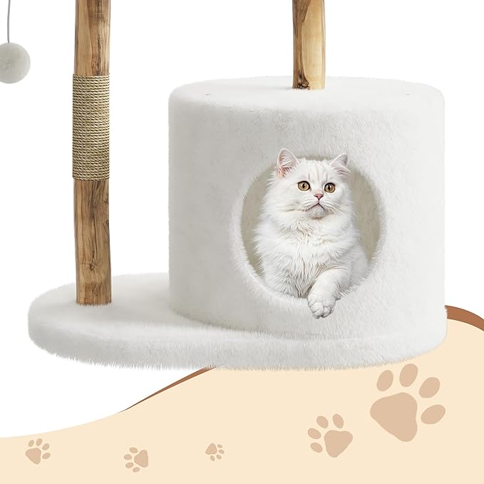 Natural Modern Cat Tree Tower, 40" Tall Solid Wood Cat Condo with Cozy Baskets, Scratching Posts, Flower Platforms & Dangling Ball, Luxury Aesthetic Cat Furniture for Small & Large Indoor Cats (White)