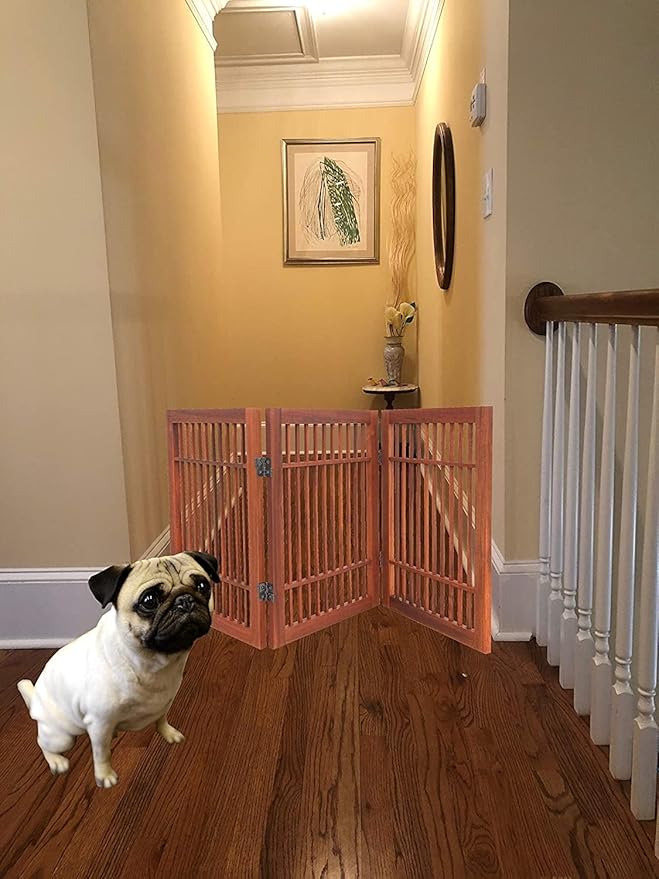 Urnporium Pet Dog Gate Freestanding, Strong Durable Folding Wooden Fence, Portable Acacia Hardwood Safety Barrier for Indoor & Outdoor Use (Brown Pet Gate, 3 Panel 24" Tall)