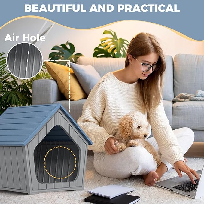 Dog House Outdoor for Puppy, Durable Small Dog House Indoor, Waterproof and Scratch Resistant Animal Shelter with Air Vents and Elevated Floor, Easy Assembly (Deep Blue)