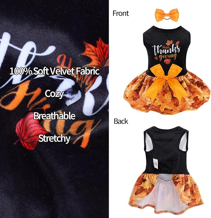 CuteBone Thanksgiving Dog Fall Dresses Costume Velvet Holiday Small Dogs Clothes Onesie Pet Apparel Girl Puppy Skirt with Bow Hair Rope CVA52M-D
