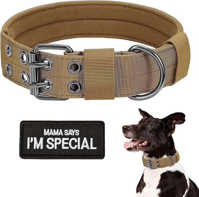 Tactical Dog Collar Military Dog Collar Adjustable Training Nylon Collar Heavy Duty Metal Buckle with Black Patch,Tactical Collars for Medium Large Dogs (Brown, Large)