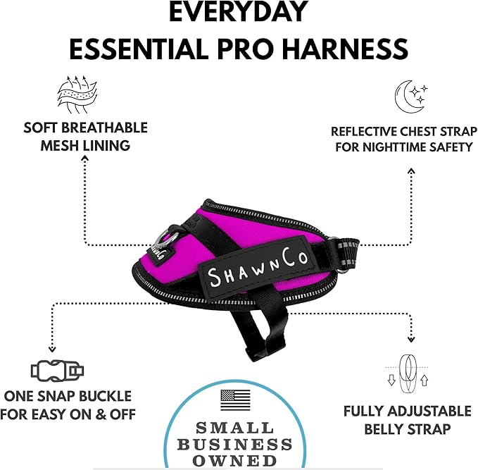 ShawnCo Essential Pro Dog Harness, No-Pull Pet Vest with 3 Leash Clips and Removable, Reflective Side Patches, Adjustable and Padded Harness for Small, Medium and Large Dogs (Orchid, XS)