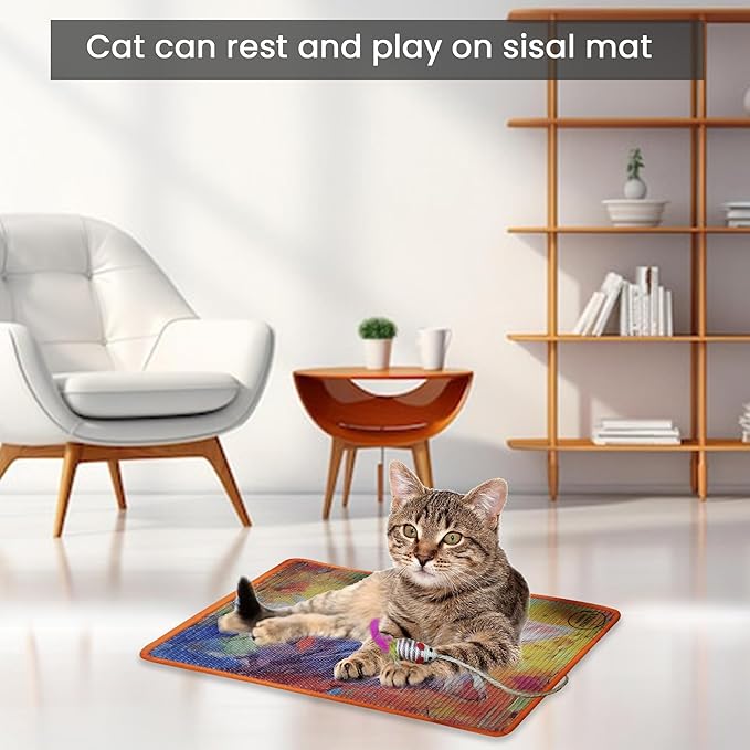 Sisal Cat Scratcher Mat [+ Sisal Mouse Toy] – Wall & Couch Protector, Carpet & Floor Scratching Pad, Durable Non-Toxic & Shedding-Resistant (Watercolor Cat)