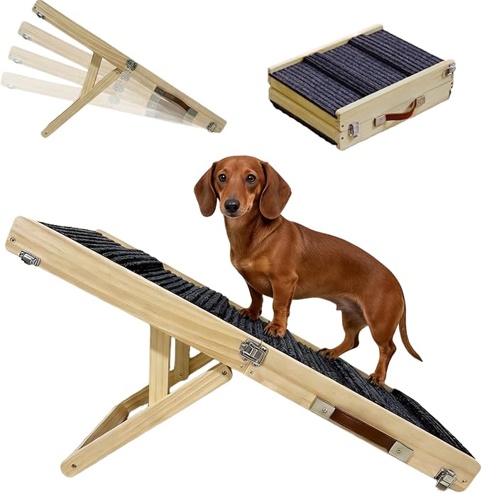2026 Upgraded Foldable Dog Ramp for Couches, Wooden Small Dog Ramp for Sofa - 4 Adjustable Heights (12"-19"), Portable, Stable & Non-Slip, Wood