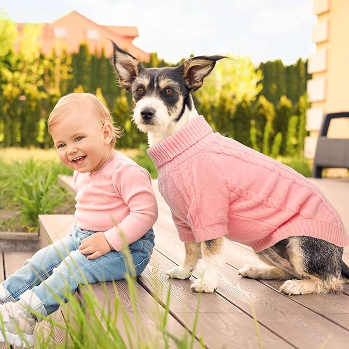 BEAUTYZOO Small Dog Sweater Female Male, Fleece Dog Winter Sweater for Medium Girl Boy Dogs, Pink Warm Cute Puppy Pullover Sweater, Thick Turtleneck Pet Cold Weather Clothes Cable Knitwear, Pink SM