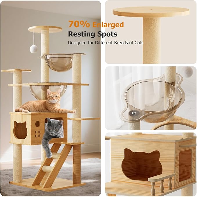 Large Cat Tree,131 Tall Wooden Cat Tower with Spacious Cave,2 Transparent Space Capsule,8 Fully Scratching Posts and Natural Wood Posts, Kitty Condo with Multi-Layer Platform