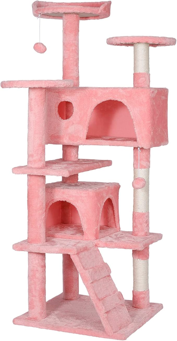 53 inches Heavy Duty Multi-Level Cat Tree Tower with Condo Furniture & Scratching Posts for Kittens Play Rest (Pink)