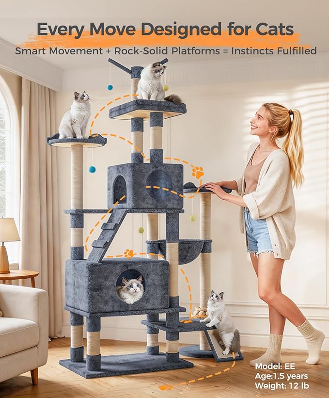 Catlike Rock-Solid 76" Tall Cat Tree Tower for Indoor Cats Large Adult, Heavy Duty Multi-Level Large Cat Tree with Sisal Scratching Posts, Perches, Cat Condos, Hammock Baskets, Cat Tower Light Grey
