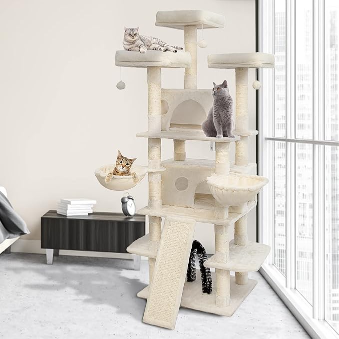 Go Pet Club 68 Inches Multi-Level Big Cat Tree, Tower with Sisal Scratching Posts, Hanging Basket & Comfortable Perches for Large Cats