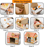 2 Pack Cardboard Cat Houses with Scratcher, 16.5''x12.25''x15'' Cat Hideaway Playhouse, Kitty Scratching Beds for Indoor Cats, Pizza Shop Cat Furniture Condo Cave Tent for Bunny Small Animals