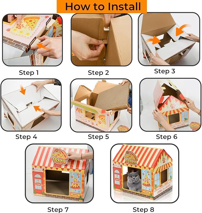2 Pack Cardboard Cat Houses with Scratcher, 16.5''x12.25''x15'' Cat Hideaway Playhouse, Kitty Scratching Beds for Indoor Cats, Pizza Shop Cat Furniture Condo Cave Tent for Bunny Small Animals