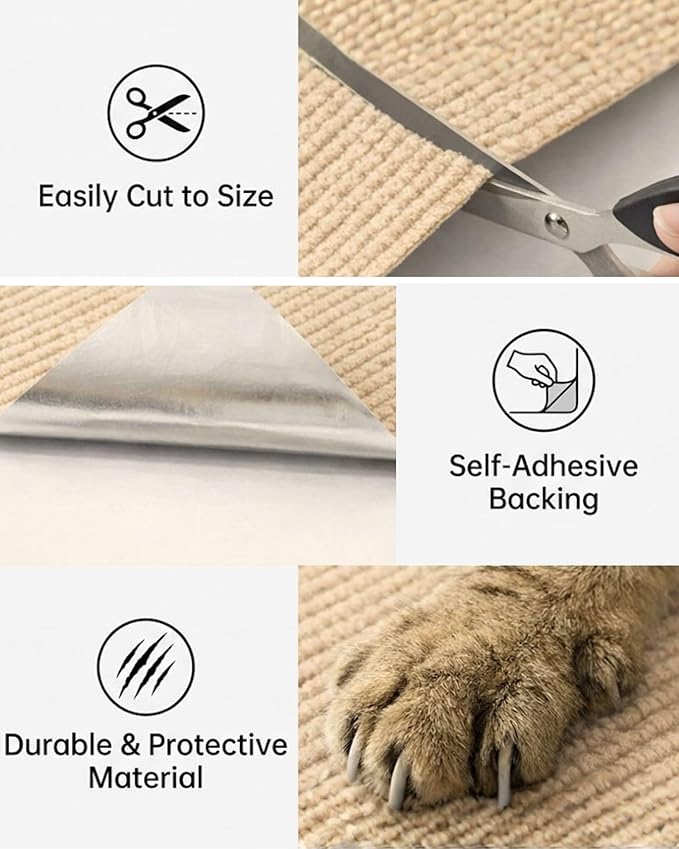 Trimmable Self-Adhesive Cat Scratch Mat, DIY Climb Scratcher for Cat Tower, Couch, and Furniture Protector, Replacement Pads (Beige, 23.6''x11.8'', 3-Pack)
