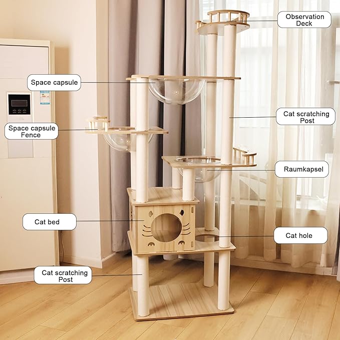 73-Inch Cat Tower for Multiple Cats, Cat Tower for Large Cats, Slim, Stable, Freestanding, Popular,Prevents Cats from Falling, Space Saving, Wooden Cat Tree. 20lb (8782)