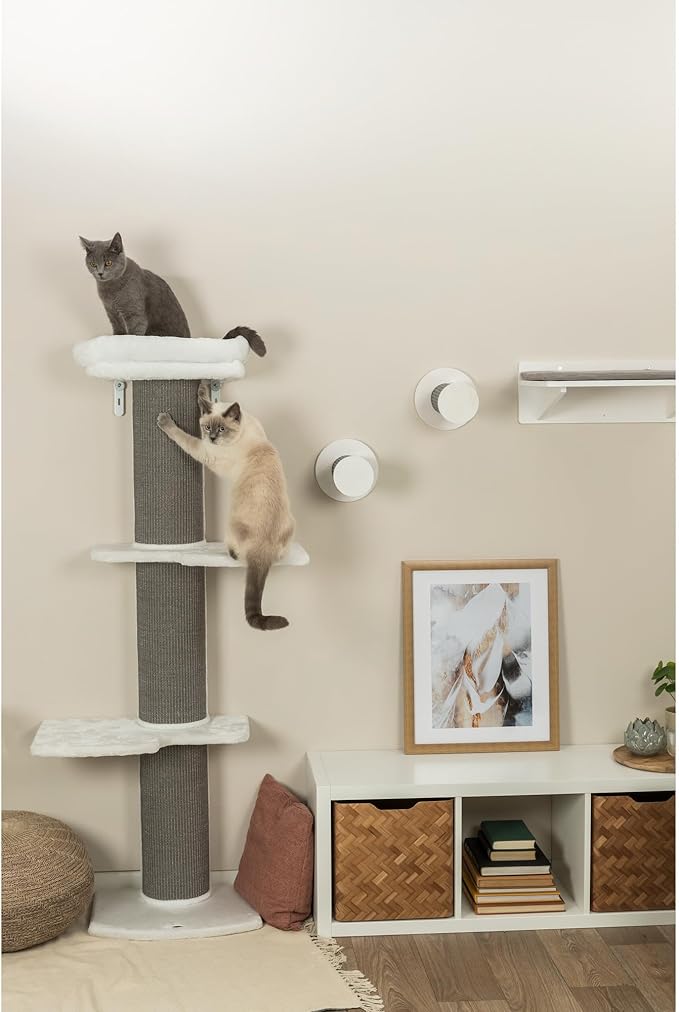 TRIXIE Acadia 63-in Cat Tower with Wall Supports, Oversized Sisal Scratching Post, Three Platforms, Removable Bed, Gray