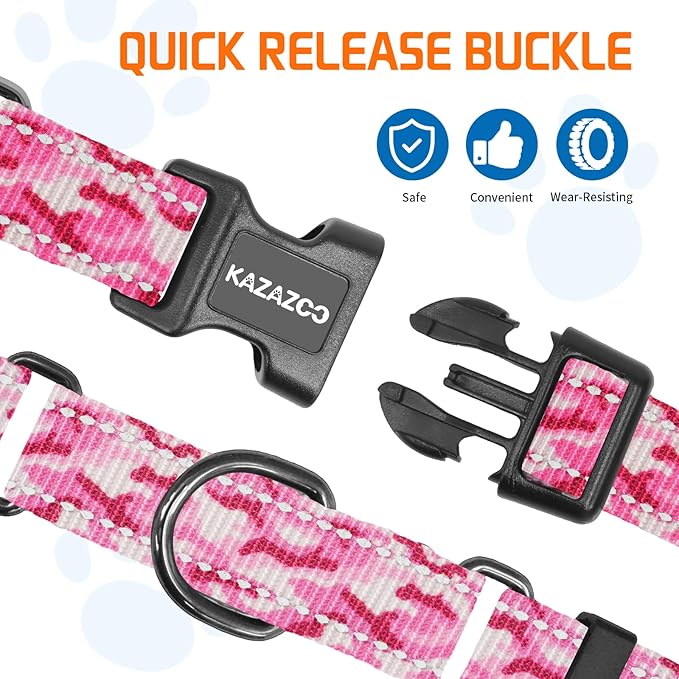 Kazazoo Reflective Martingale Collar for Dogs with Quick Release Buckle Adjustable Soft Durable Dog Collar for Small Medium Large No Pull Training Dog Collars-Pink Camo M