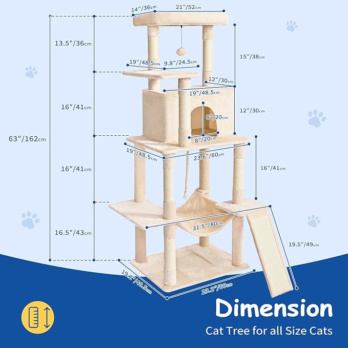 Cat Craft Cat Tree 63 Inch Cat Tower for Indoor Cats, Multi-Level Cat Tree for Large Cats 20 lbs+ Heavy Duty Cat Tower with Sisal Scratching Posts, Hammock, Condo and Extended Platform, Beign