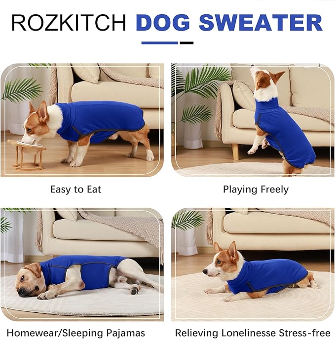 ROZKITCH Dog Fleece Pajamas with Leash Hole, Pet Windproof Warm Cold Weather Jacket Vest Cozy Jumpsuit Apparel Outfit Clothes for Walking Hiking Travel Sleep Blue L