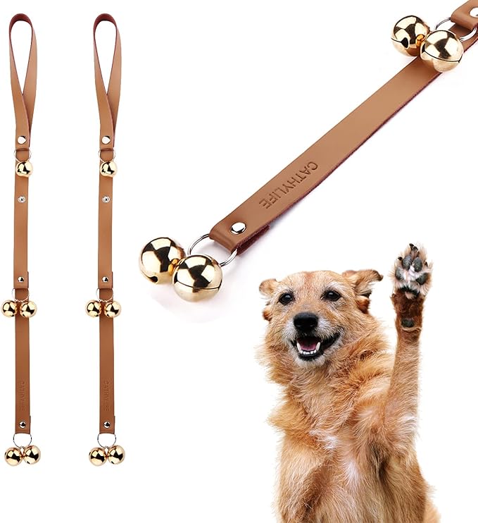 Leather Dog Doorbells for Door Knob, Adjustable Brass Potty Training Bells for Puppy to Go Outside, Easy Dog Door Bell for Potty Training