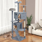Tall Cat Tree with Scratching Post, 2 Cat Condos and Ladder, Cat Tower for Indoor Cats Kittens Climbing Tower with Anti-Tipping Rope, 77 Inch, Light Gray