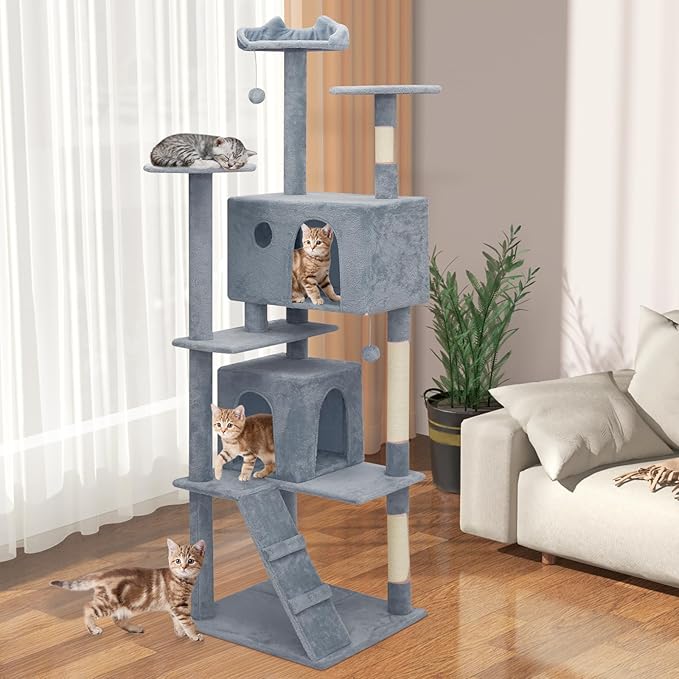 Tall Cat Tree with Scratching Post, 2 Cat Condos and Ladder, Cat Tower for Indoor Cats Kittens Climbing Tower with Anti-Tipping Rope, 77 Inch, Light Gray