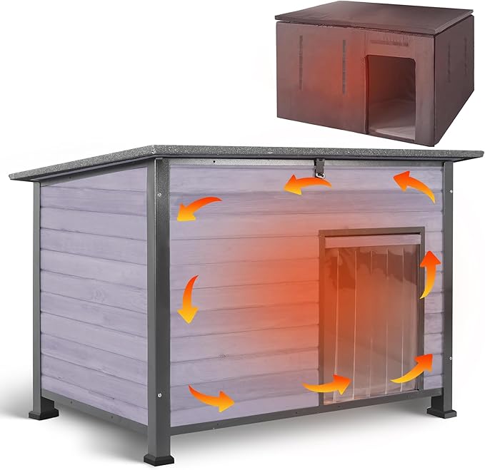 Insulated Dog House Outdoor Weatherproof, Wooden Heated Large Houses with Removable Liner for Winter, Upgrade Anti-Chewing Iron Frame Dog Shelter for Puppies, Cats