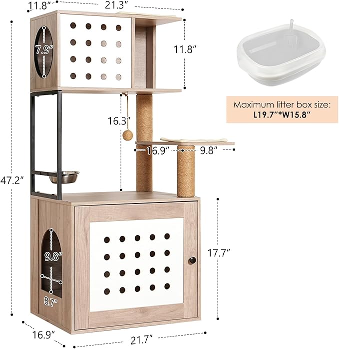 Cat Tree with Litter Box Enclosure, 2-in-1 Modern Cat Tree Tower, All-in-one Cat Condo for Indoor Cats with Large Hammock, Bed, Food Station, Scratching Posts, Cat Furniture for Indoor Cats (21.7”)