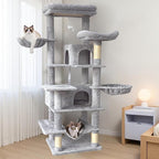 68" Grey Cute Cat Tree for Indoor Cats Large Adult, Tall Cat Tower with Scratching Post & Condo, Hammock, Aesthetic Cats Stand, Modern, Easy Assembly (Light Grey, 68" Tall)