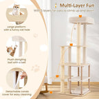 63" Tall Wooden Cat Tree, Indoor Kitten Tower with 2-Story Condo, Plush Padded Top Perch, Sisal Scratching Posts & Mat, Dangling Ball, Multi-Level Climbing Stand, Modern Indoor Pet Furniture