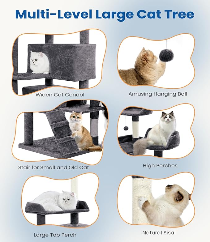 Cat Tree Tower 56in Cat Trees Multi-Level Cat Condos with Spacious Perch, 2 Cozy Condos, Scratching Posts, Climbing Ladder, Toy Ball, Durable Pet House Furniture for Indoor Kittens, Dark Gray