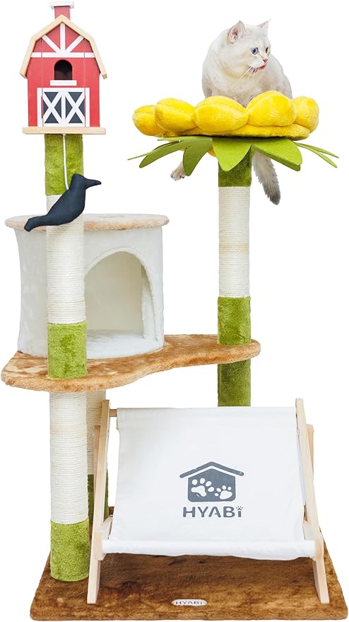 HYABi 46.6 Inch Tall Flower Cat Tree Tower Condo Climbing for Indoor Cats Multi Level with Sisal Scratching Post Hammocks Pet House Play Home Furniture Platform